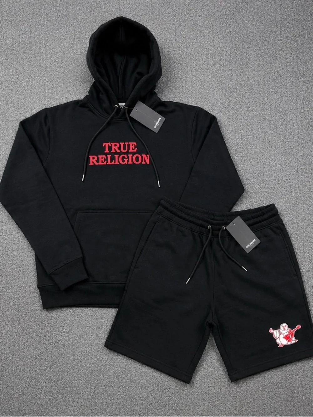 ON HOLD True Religion Black Shorts with Red Logo Patch